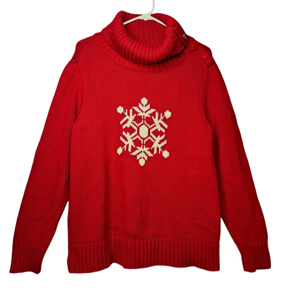 North Style Women Red Snowflake Turtleneck Sweater Large Cozy Winter 100% Cotton